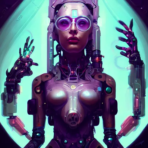 Image similar to a portrait of a beautiful cybernetic hippie, cyberpunk concept art by pete mohrbacher and wlop and artgerm and josan gonzales, digital art, highly detailed, intricate, sci-fi, sharp focus, Trending on Artstation HQ, deviantart, unreal engine 5, 4K UHD image