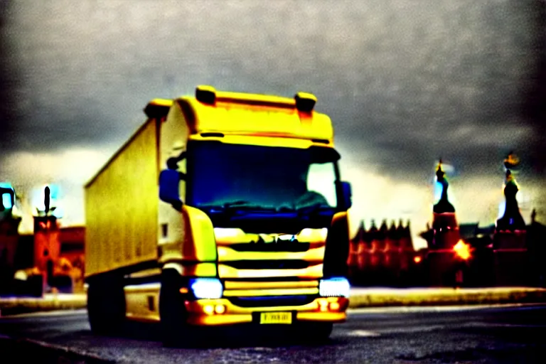 Prompt: gold Scania in Moscow, Cinematic, filmic, 35mm,