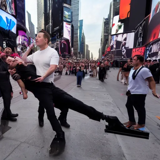 Image similar to Elon Musk being dragged to the guillotine in the middle of Times Square, photography, 8k