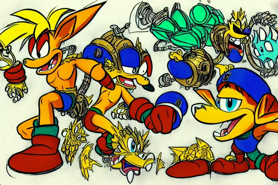 Image similar to concept sketches of crash bandicoot wearing a gold crown riding a large dragon by jamie hewlett, in the style of megaman, micro detail