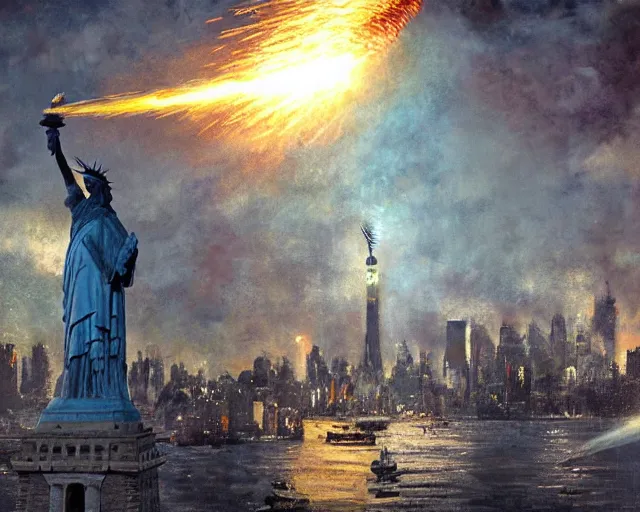 Prompt: giant Donald Trump shooting rockets at the Statue of Liberty in Manhattan, post apocalyptic New York, craig mullins, dramatic lighting, very detailed