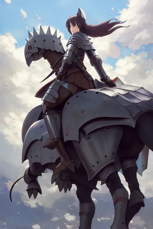 Image similar to a full body of the female knight riding a heavy armored giant cat, finely detailed features, closeup at the faces, perfect art, gapmoe yandere grimdark, trending on pixiv fanbox, painted by greg rutkowski makoto shinkai takashi takeuchi studio ghibli, akihiko yoshida