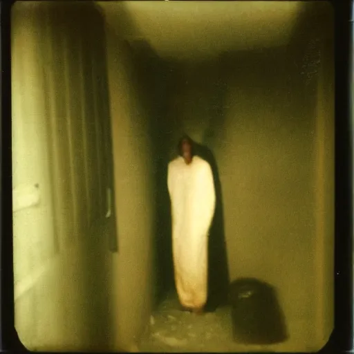 Image similar to a tall humanoid creature at the bottom of a stairwell, dark!, creepy!!!, unsettling, uncanny valley!, old polaroid, expired film,