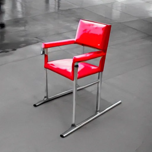 Image similar to by barbara kruger motion blur stormy. a mixed mediart of a metal chair with a seatbelt attached to it. the chair is placed in the center of a room & the seatbelt is used to strap a person into the chair. the person is then unable to move & at the mercy of the chair.