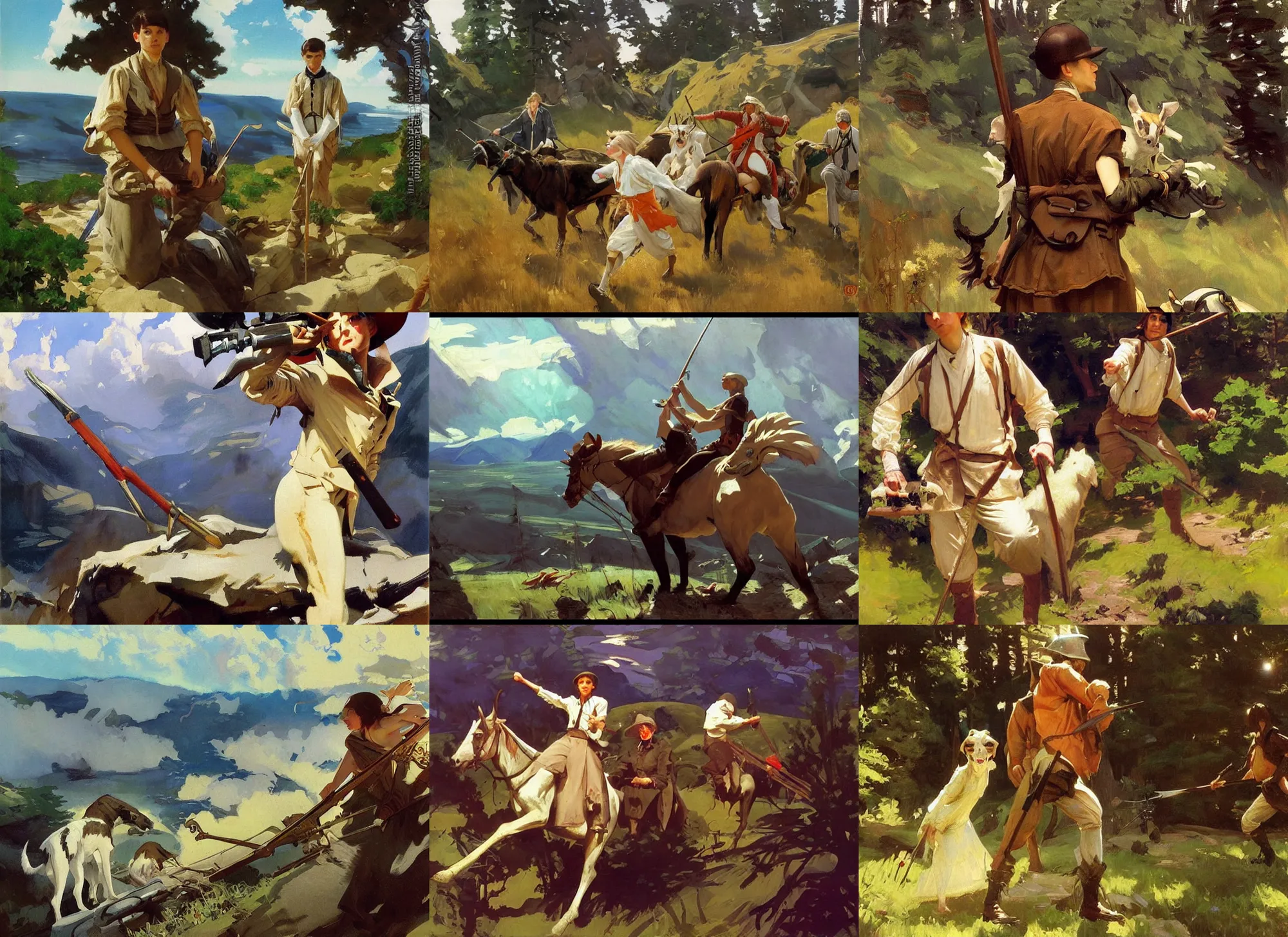 Prompt: painting by sargent and leyendecker and greg hildebrandt savrasov levitan polenov, studio ghibly style mononoke, middle earth hunting masterpiece