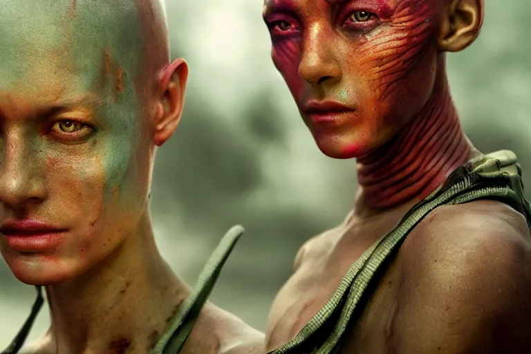 Prompt: VFX movie of a futuristic alien warrior closeup portrait in war zone, beautiful colorful skin and gills natural lighting by Emmanuel Lubezki