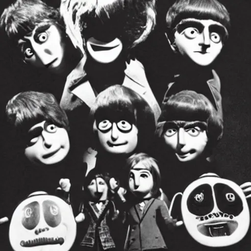 Image similar to stills from puppets movie by gerry anderson about the beatles, that band, vintage film, 1 9 6 0 s