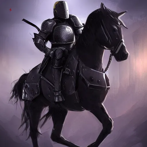 Prompt: Knight wearing a full suit of black armor, sword in hand, riding a ghost horse, digital art, high quality render, unreal engine, 4k, trending on artstation