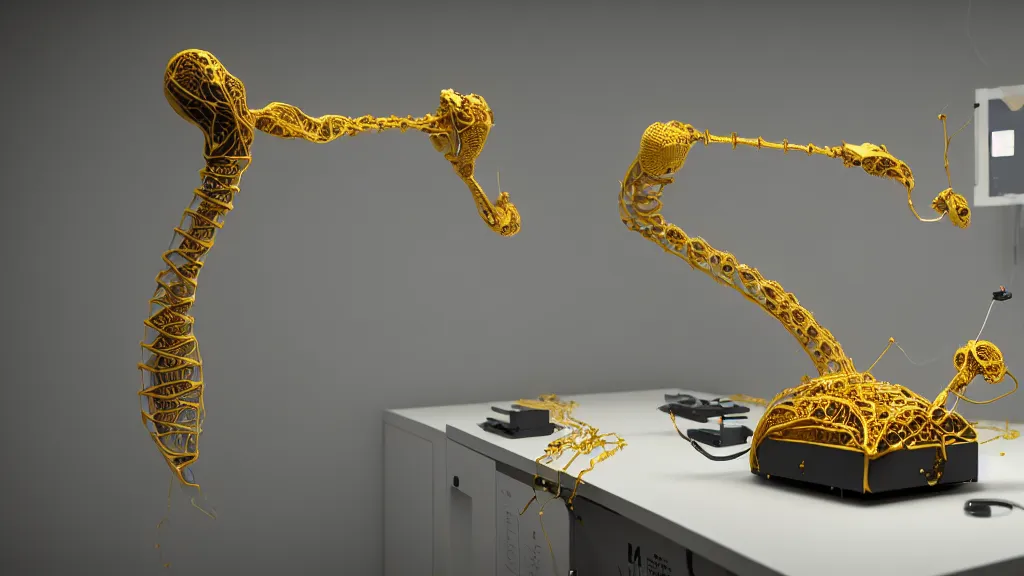 Image similar to a complex bifurcated robotic cnc surgical arm hybrid 3 d printer machine making organic ceramic kintsugi mandlebulb forms in the laboratory room, very thin gold wire, film still from the movie directed by denis villeneuve with art direction by salvador dali, wide lens, f 3 2, cinematic lighting, studio quality, smooth render, unreal engine 5 rendered, octane rendered