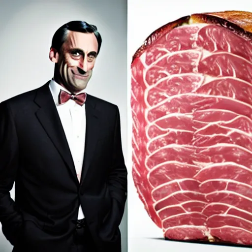 Image similar to uhd john hamm made entirely of ram ham and spam. ham john hamm. correct face. photo by annie leibowitz.