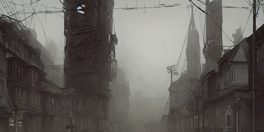 Image similar to A street-level view of a gloomy fantasy Victorian-era town, single-point perspective centered in a radio tall, foreboding radio tower with cast-iron walkways; muted colors cloudy weather, artstation, octane render, cgi, cgsociety, volumetric lighting, cinematic, colorful, ray traced, ambient occlusion, depth of field, fog,