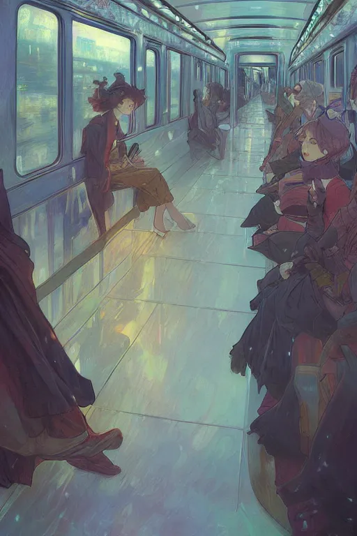 Image similar to inside the train, night, lamplight, shimmering and prismatic, rococo, by krenz cushart and mucha and monet, trending on artstation.