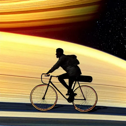 Prompt: a food delivery cyclist cycling around the rings of saturn, james gurney