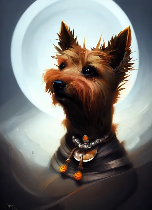 Prompt: norwich terrier as an witch, backround dark, highly detailed, digital illustration, trending in artstation, modern painting, smooth, sharp focus, intricate, by peter mohrbacher