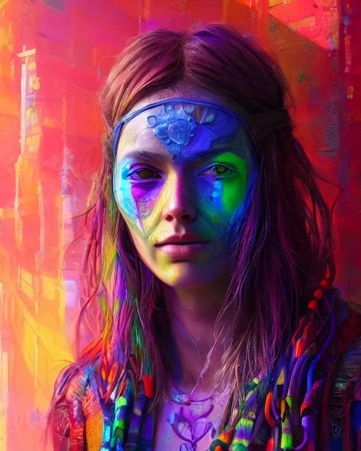 Prompt: colorful portrait of a hippie from the future, set in the future 2 1 5 0 | highly detailed face | very intricate | symmetrical | professional model | cinematic lighting | award - winning | painted by mandy jurgens | pan futurism, dystopian, bold colors, cyberpunk, groovy vibe, anime aesthestic | featured on artstation