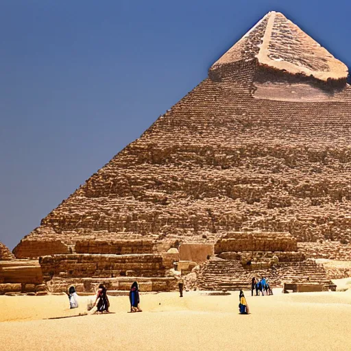 Prompt: great pyramid of giza at ancient times, the pyramid is covered with white marble, the pyramind has a golden tip, ancient egypt,