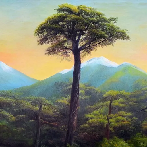 Image similar to A huge mountain with a giant tree on the top, view from far away, oil painting,