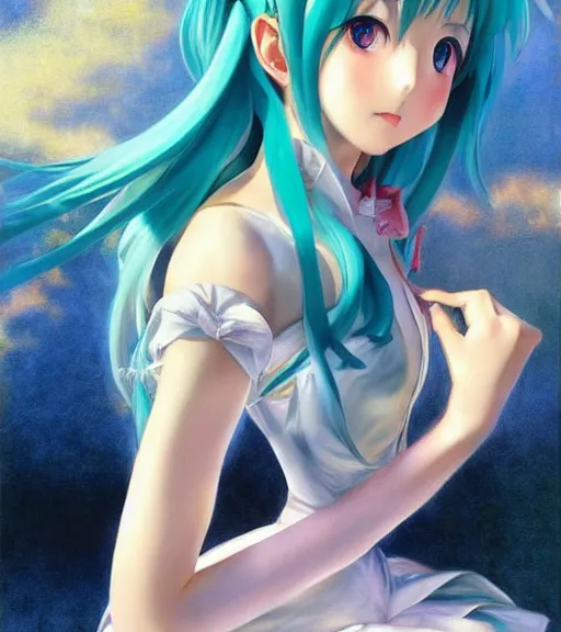 Prompt: Anime art very beautiful Hatsune miku by Gil Elvgren, Vladimir Volegov, Earl Moran, Enoch Bolles, symmetrical shoulders