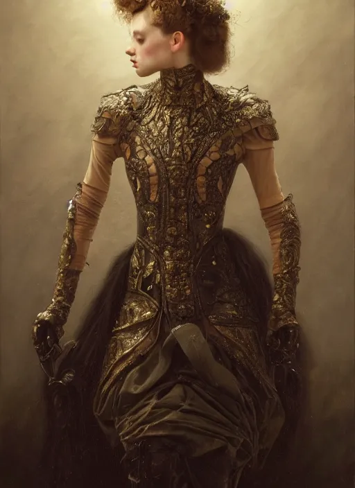 Prompt: highly detailed oil painting | very intricate | cinematic lighting | award - winning | ballet victorian armor fashion by alexander mcqueen | by roberto ferri, by tom bagshaw, by j. c. leyendecker and klimt, american romanticism, by austin osman spare, artstation, cgsociety, official art, octane