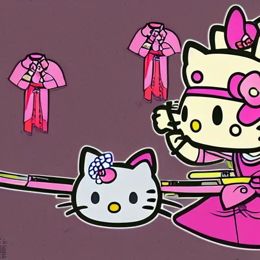 Image similar to hello kitty samurai in cyperpunk city, concept art