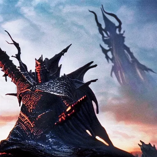 Image similar to A promotional image from the new Simarillion movie by New Line Cinema, Morgoth is towering over Fingolfin at the battle of Angband, 4k, Cinematic, highly detailed special effects