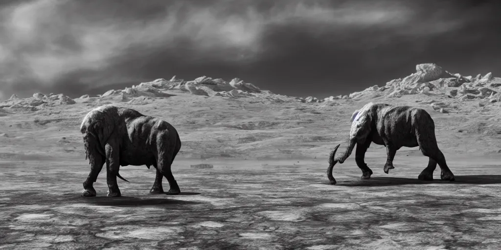 Prompt: a cyborg-mammoth standing in the middle of a milk lake on the Moon,Highly Detailed, Cinematic Lighting, rim light, hyper real, black and white, photo-realistic Unreal Engine, 8K