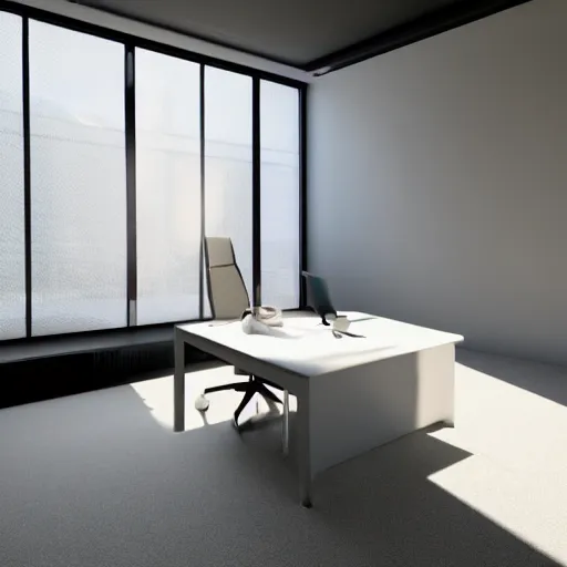 Image similar to a white empty pink office with sun rays looming down, with a pool inside, dynamic lighting, photorealistic concept art, trending on art station, stunning visuals, creative, cinematic, ultra detailed, ray tracing