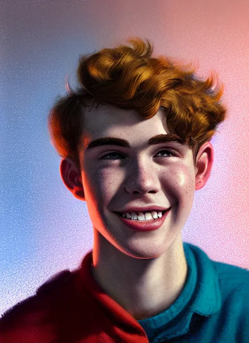 Image similar to portrait of teenage archie andrews, freckles, curly middle part haircut, curly hair, smiling kindly, friendly, 1 9 5 0 s, intricate, elegant, glowing lights, highly detailed, digital painting, artstation, concept art, smooth, sharp focus, illustration, art by wlop, mars ravelo and greg rutkowski