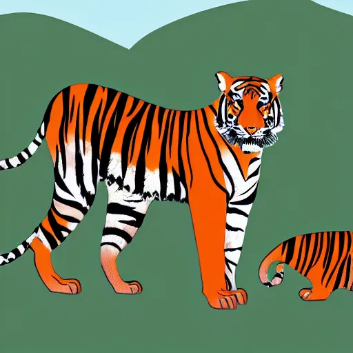 Prompt: digital art of cave people. tigers in background