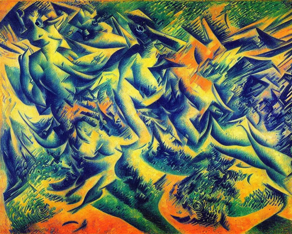 Image similar to a monsoon by umberto boccioni. detailed, proportional, romantic, enchanting, achingly beautiful, graphic print, trending on artstation, jungle, tropical, foliage