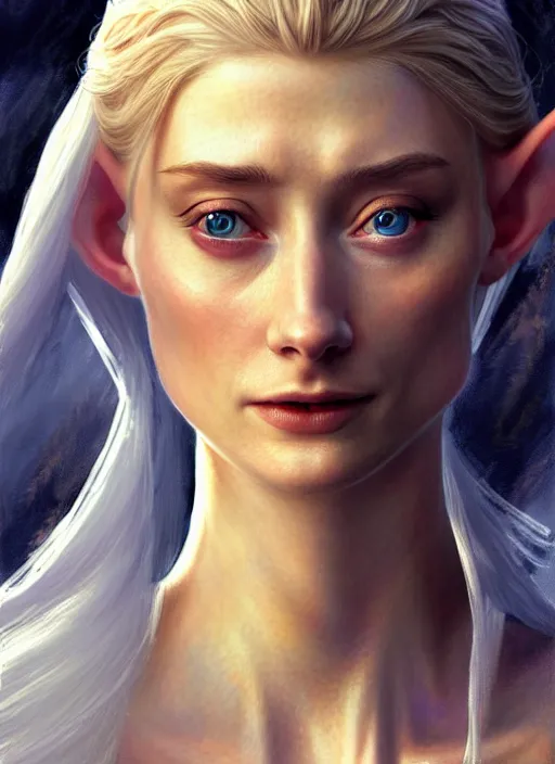 Image similar to beautiful elf elizabeth debicki as galadriel, lord of the rings, lotr fanart, trending on artstation, character art, the hobbit, digital painting, concept art, smooth, sharp focus, illustration, art by artgerm and greg rutkowski, radiant light,