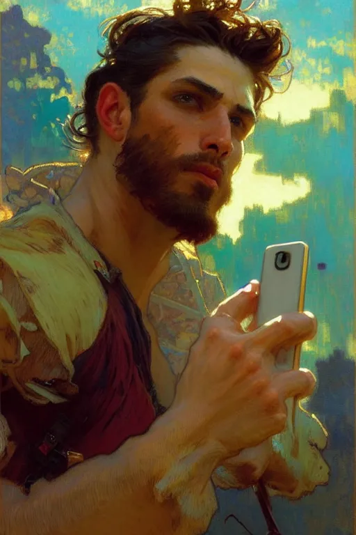 Prompt: attractive man taking a selfie, cool colors, painting by gaston bussiere, craig mullins, greg rutkowski, alphonse mucha