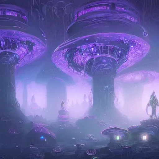 Prompt: concept art detailed painting of a dark purple fungal fairytale city made of mushrooms, with glowing blue lights, in the style of jordan grimmer and neil blevins and wayne barlowe