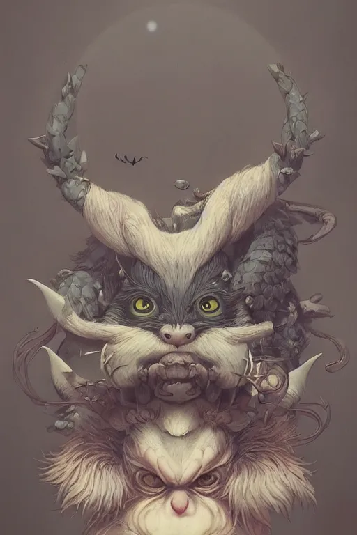 Image similar to a portrait of a cute japanese devil animal illustrated by miyazaki by karol bak, james jean, tom bagshaw, rococo, sharp focus, trending on artstation, cinematic lighting, hyper realism, octane render, 8 k, hyper detailed, vivid, ultra detailed, highly detailed