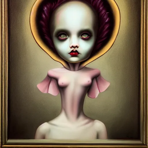 Image similar to a painting in the style of mark ryden and in the style of natalie shau and in the style of irakli nadar.