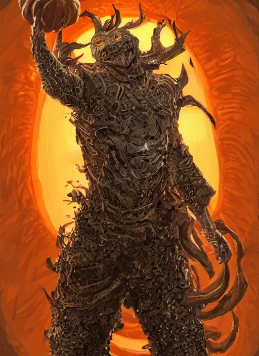 Image similar to powerful male pumpkin, willem dafoe as pumpkinhead, oz, full body character concept, covered in full metal armor, art nouveau, super powers, fantasy, intricate, elegant, highly detailed, digital painting, artstation, concept art, shining, sharp focus, illustration, art oleg bulakh