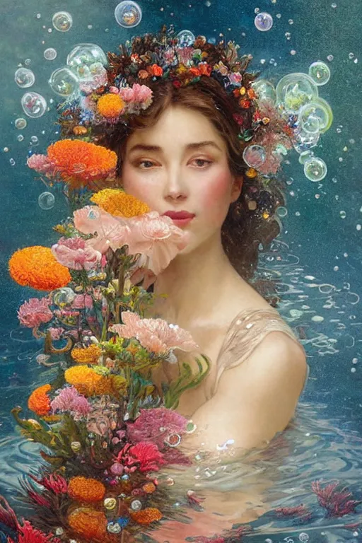 Image similar to portrait of a beautiful mysterious woman holding a bouquet of flowing flowers, small bubbles from her mouth, hands hidden under the bouquet, submerged underwater filled with colorful small fish and coral reef, fantasy, regal, intricate, by stanley artgerm lau, greg rutkowski, thomas kindkade, alphonse mucha, loish, norman rockwell