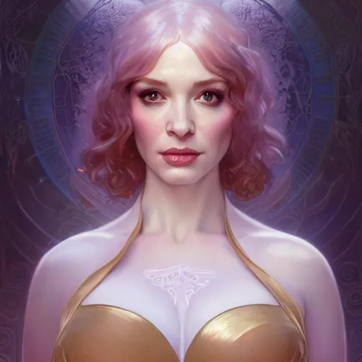 Image similar to christina hendricks wearing a white periwinkle, sci fi, glowing eyes, volumetric lights, gold theme, art nouveau botanicals, intricate, highly detailed, digital painting, artstation, concept art, smooth, sharp focus, cinematic, illustration, beautiful face, art by artgerm and greg rutkowski and alphonse mucha