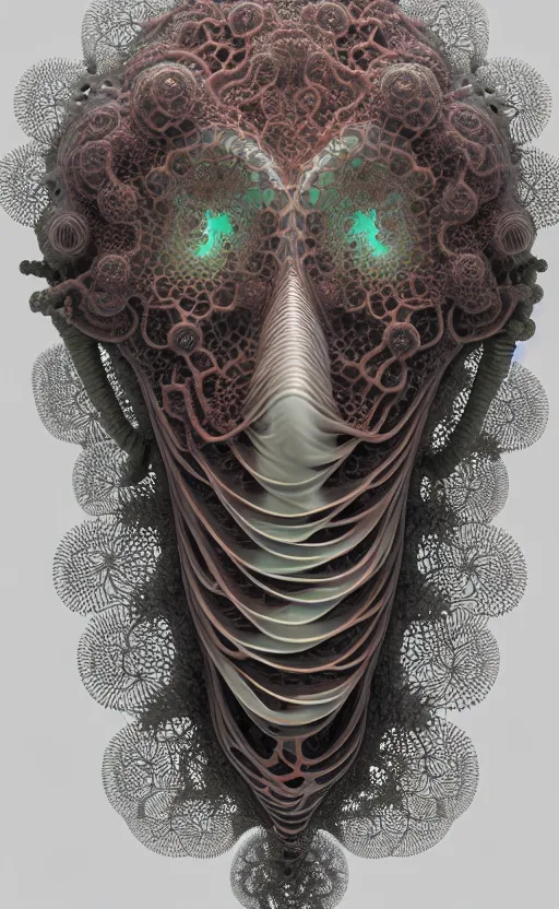 Image similar to portrait intricate mask, eagle coral, jelly fish, mandelbulb 3 d, fractal flame, octane render, cyborg, biomechanical, futuristic, by ernst haeckel