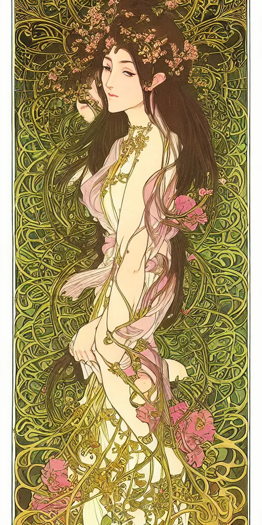 Prompt: Ethereal elven goddess of roses and gold. She is from Southern Asia. Manga artbook illustration by CLAMP and Alphonse Mucha.