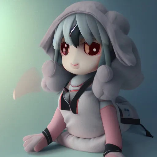 Image similar to cute fumo plush of a girl who is the leader of a group of mercenaries, lens flare, outline glow, vray