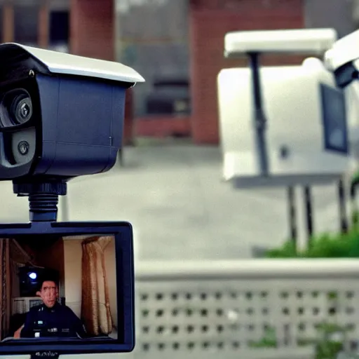 Prompt: police surveillance cameras zooming in on an interview with you and your father