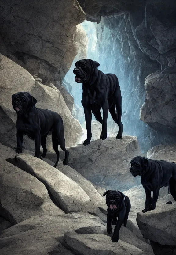 Prompt: a pack of demonic evil monstrous dark black mastiffs made of shadows while exploring a claustrophobic dark blue canyon of stone, oil painting, greg rutkowski, unreal engine, octane render, cinematic lighting, highly detailed