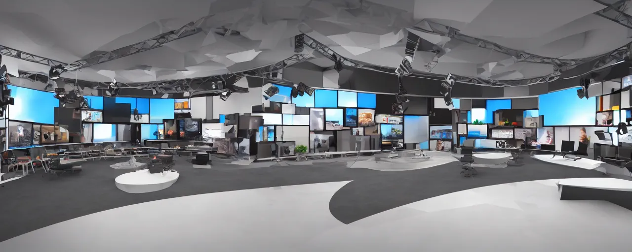 Image similar to news studio set, interior, big open floor, 3 d v - ray photo realistic, ambient aclution, 8 k