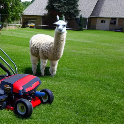 Prompt: llama using a lawn mower to mow the lawn