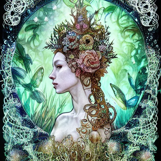 Prompt: a mushroom queen in her 3 d bioluminescent radically alive world of fungal fractals and butterflies, intricate mycelial lace, fractalpunk, rococo, inspired by peter mohrbacher & james jean & william morris & ernst haeckel & alphonse mucha — w 7 0 0