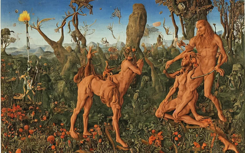 Image similar to a portrait photograph of a meditating satyr and a centaur monk riding a rocket machine and hunting at a river delta. surrounded by bulbous flowers and trees. mountain range under a blue sky of fiery stars. by jan van eyck, max ernst, ernst haeckel, ernst fuchs and artgerm, cgsociety, fashion editorial, 8 k