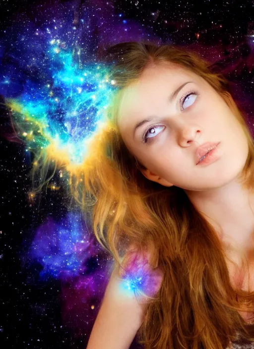 Image similar to Portrait shot of a beautiful girl with a nebula representing neurology beautifully emulating from her head