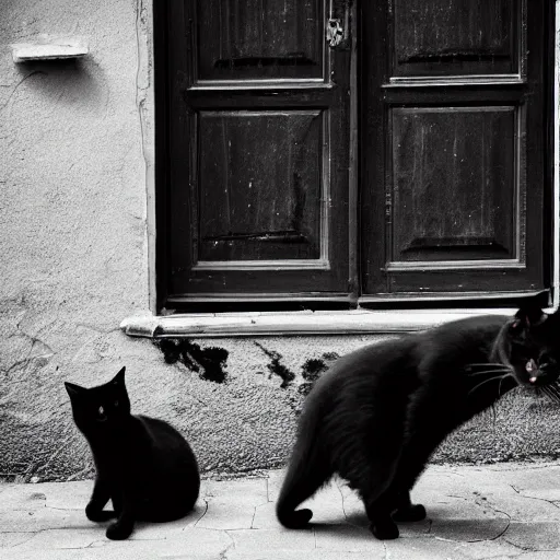 Image similar to In an old house area, a group of black cat with red eyes, the scene is dark, old black and white photo,50 mm, hyper-realistic, 8K HDR.