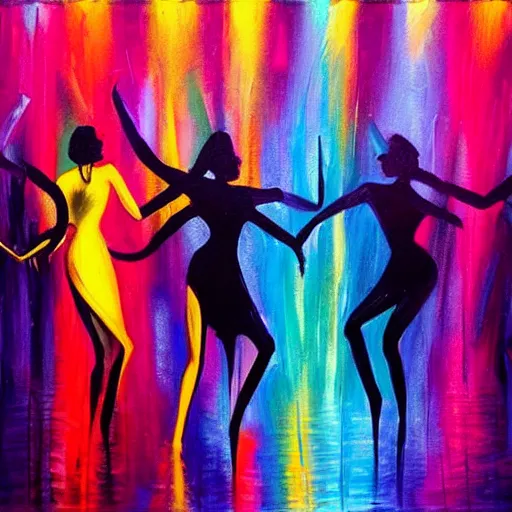 Image similar to dark dancing silhuettes in a dance club, colorful lights, dramatic lighting, a lot of energy, oil painting